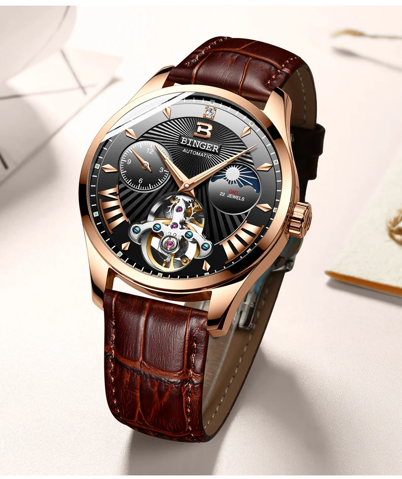 Tourbillon Бингер Мужские часы Роскошные деловые механические часы Мужские автоматические модные водонепроницаемые сапфировые спортивные часы с скелетом