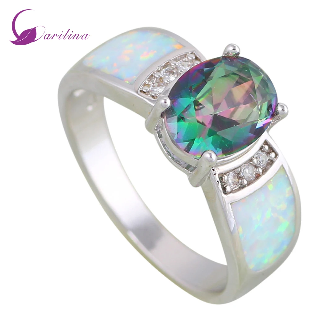 

Fashion Wedding Rings Rainbow Mystic Cubic Zirconia Opal Stamp Silver Color Jewelry Rings For Womens Size 5 6 7 8 9 10 R609