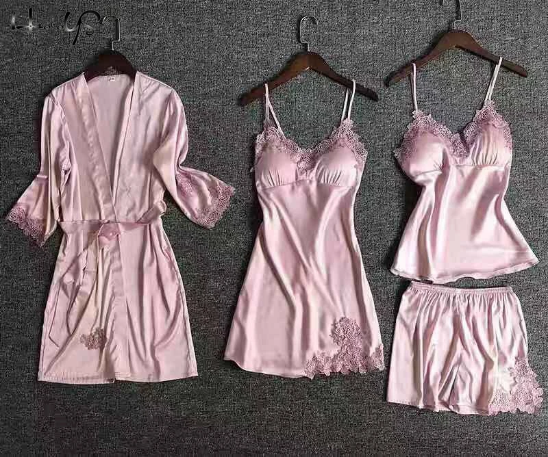 4 PC Pink Женские пижамы, 4 шт. и 5 шт., атласная пижама, шелковая Домашняя одежда, вышивка, Пижама для сна, для отдыха, пижама с подушками на груди, пижамный комплект - Цвет: 4 PC Pink