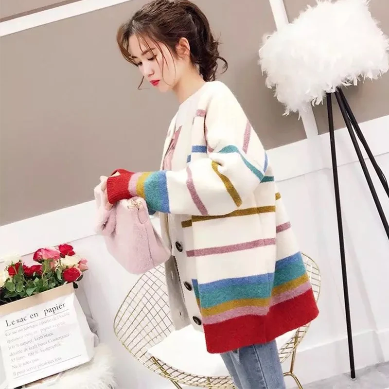 TIGENA 2019 Autumn Winter Oversize Striped Cardigan Women Knitted Sweater Jacket Single Breasted Long Sleeve Female |