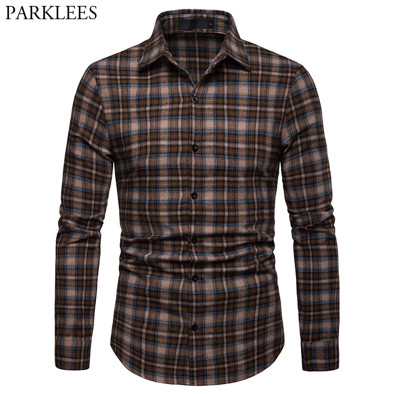 Коричневая винтажная клетчатая рубашка для мужчин Chemise Homme, новинка весны, мужская рубашка с длинным рукавом, приталенная Повседневная Уличная рубашка для мужчин