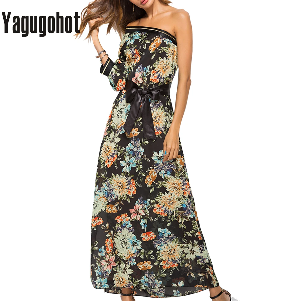 Сексуальное платье на одно плечо с рукавами и цветочным принтом в богемном стиле