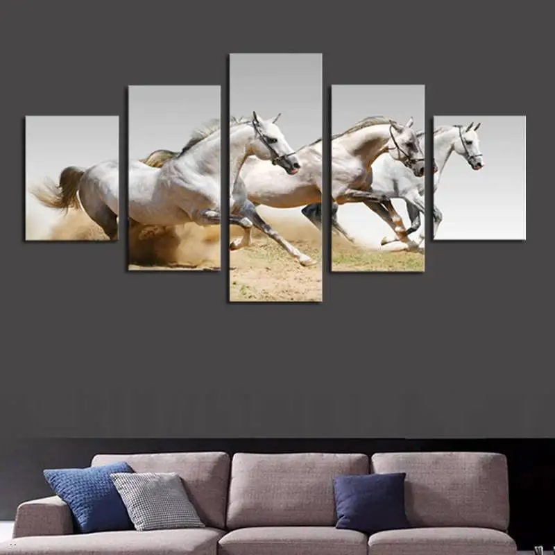 5 панелей белые бегущие лошади картина Hd холст печать художественное искусство