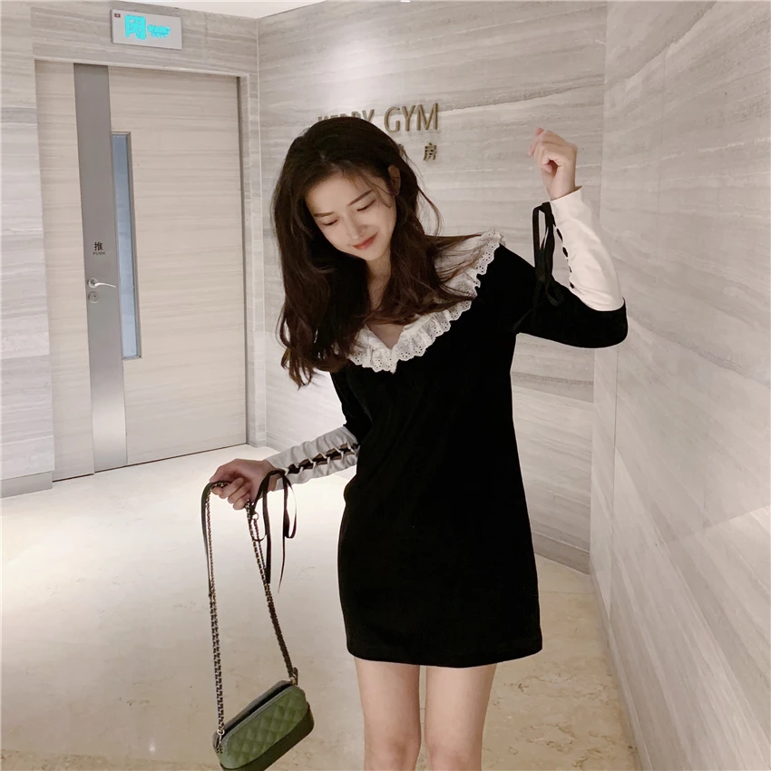 Retro Women Dress Velvet Stitching Peter Pan Collar Lace Up Long Sleeve 2019 New Sweet Female | Женская одежда