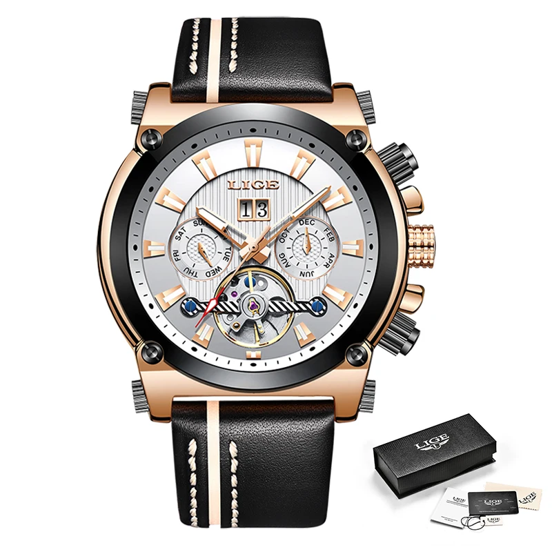 2019 Новинка LIGE модные кожаные автоматические механические часы мужские военные