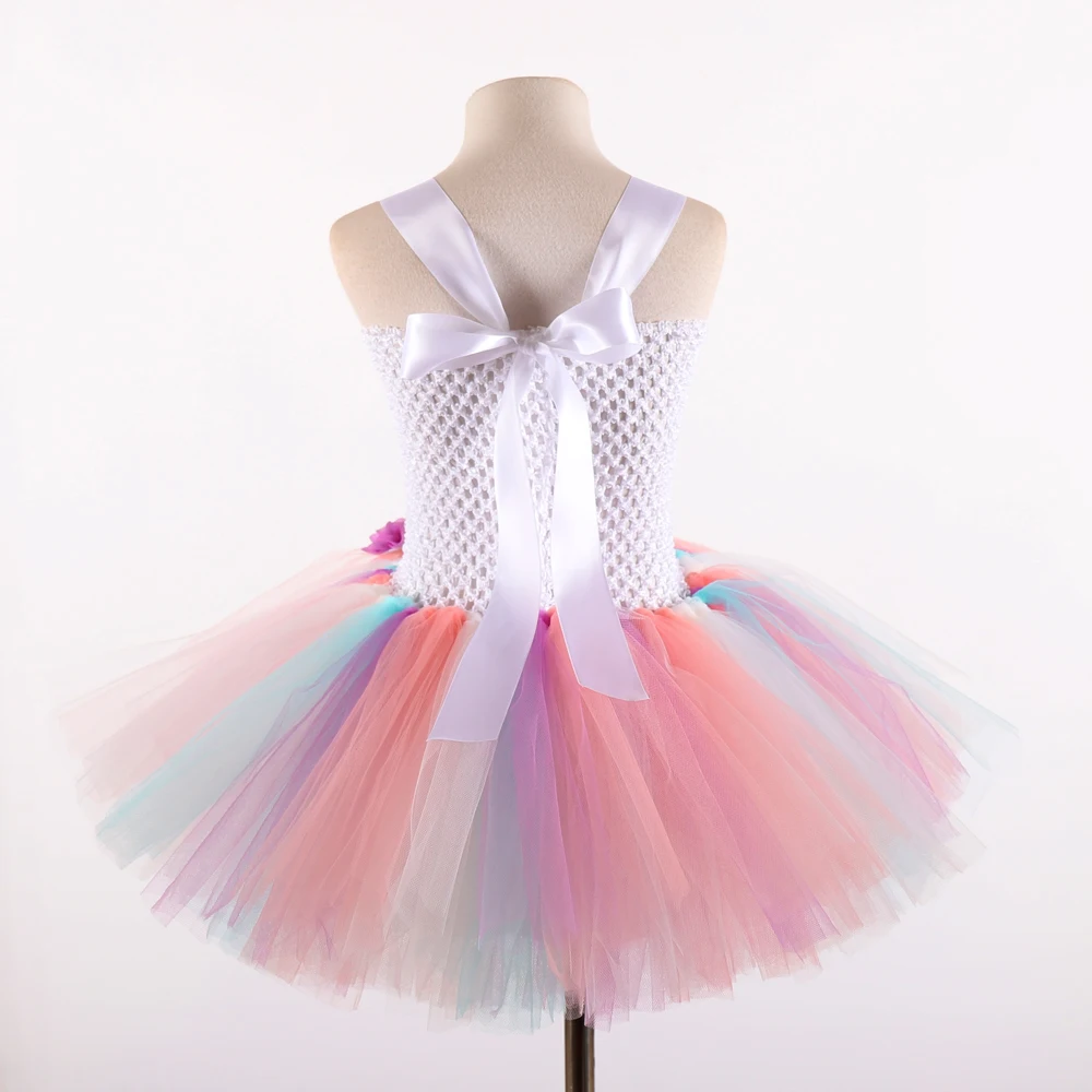 POSH DREAM Peach Pink Flower Kids Girls Party Dresses Unicorn Rainbow Cosplay Costume with Headband New Baby Cloth | Детская одежда и