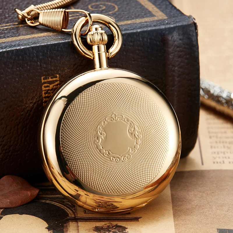 

Luxury Copper Golden Mechanical Pocket Watch Hand Winding Clock Fob Chain Watch Men Roman Numbers Skeleton Reloj de bolsillo