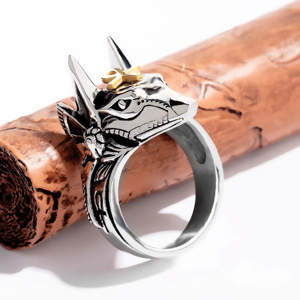 New Domineering Creative Stainless Steel Men's Ring Wolf Head White/Gold Color Cross Punk Finger Jewelry ql626 | Украшения и