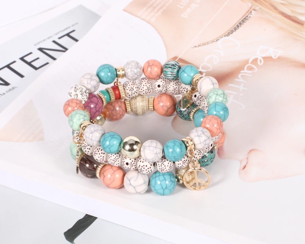 2017 модные богемные 3 Многослойные браслеты с бусинами кисточками и звездами мира