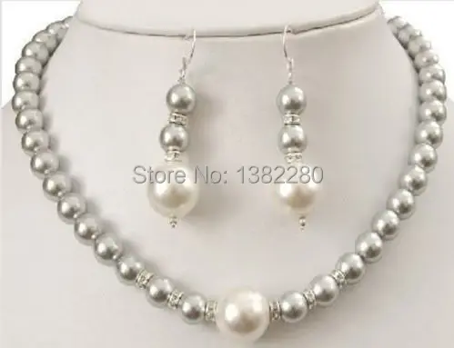 

! fashion jewelry set 8-12MM Grey Sea Shell Pearl Necklace +Earring JT5592