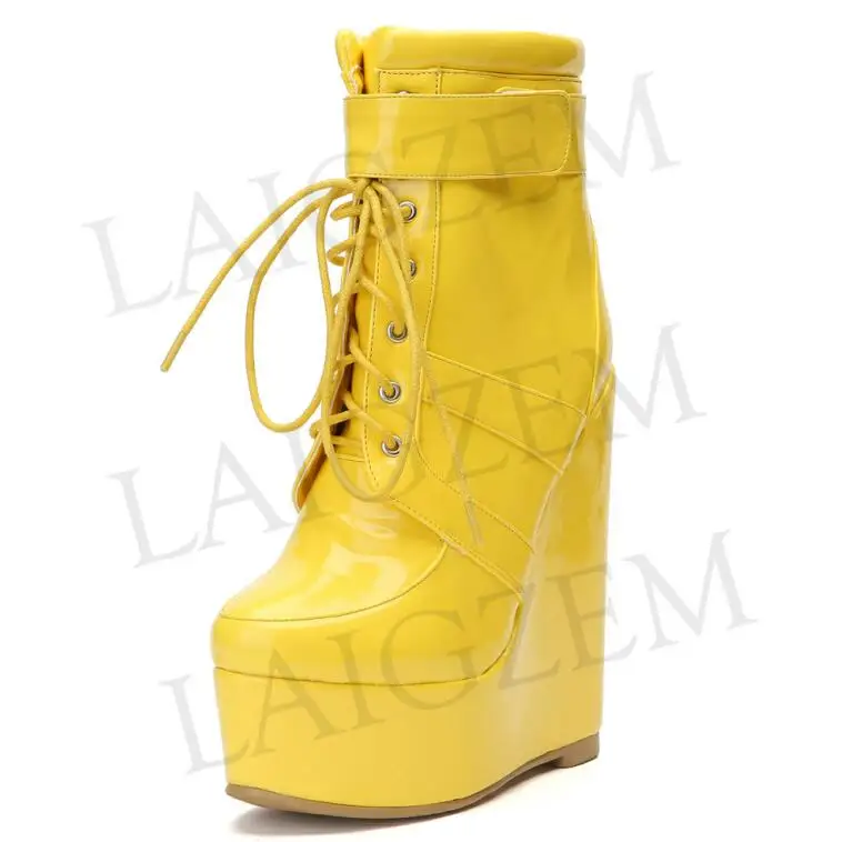 LGZ86 Yellow LAIGZEM СУПЕР Ёенщин Лодыёки сапоги платформы клин сапоги дамы участник клуб БЛЕСТЯЩИй прожектор каблуки обувь ЁЕНЩИНа круглый носок малый ботильоны женские ботинки женские женские туфли большой размер 34-47 - Цвет: LGZ86 Yellow