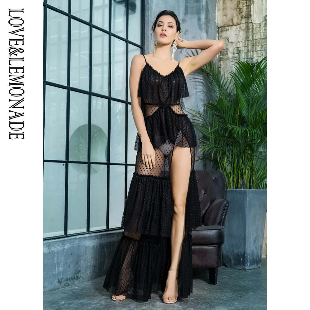 Длинное платье LOVE & LEMONADE LM81303 черное с глубоким треугольным вырезом и
