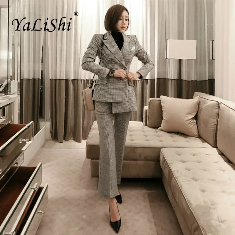 

2 Piece Set Women 2018 Gray Long Sleeve Turn-down Collar Office Club Plaid Top and Full Length Autumn Pants 2018 Two Piece Set