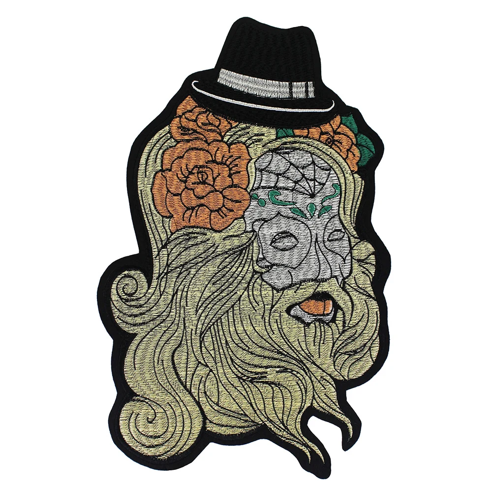 Длинный волос красивая девушка вышивка Цветочная аппликация Череп кость