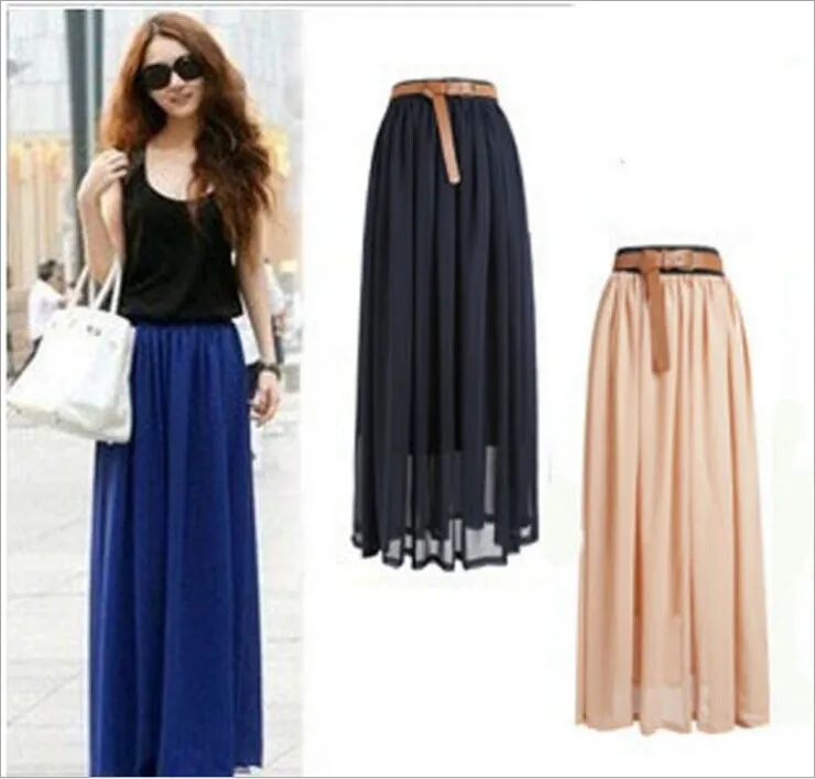 2015 Summer style Fashion Pleated Maxi Skirt Chiffon Long skirts womens Candy Color High Waist for women | Женская одежда