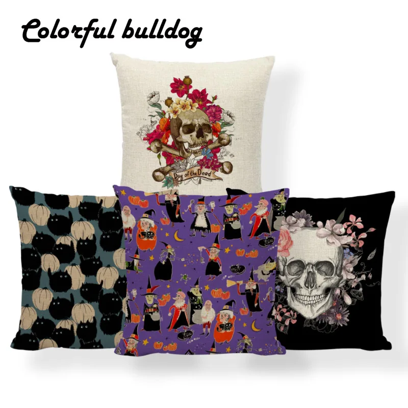 Horror Pumpkin Witchcraft Cushion Cover Halloween Sugar Skull Pillowcase European Meditation Home Decor Throw Pillow 45*45 Linen | Дом и сад