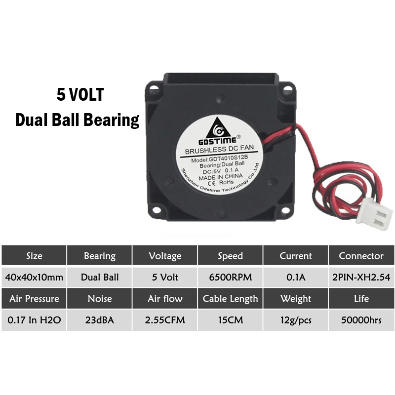 5V Two Ball Bearing 2 шт. Gdstime для 3D-принтеров 40 мм x 40 мм x 10 мм 4 см 5 в 12 В 24 В 4010 40 мм DC охлаждения турбо вентилятор - Цвет лезвия: 5V Two Ball Bearing