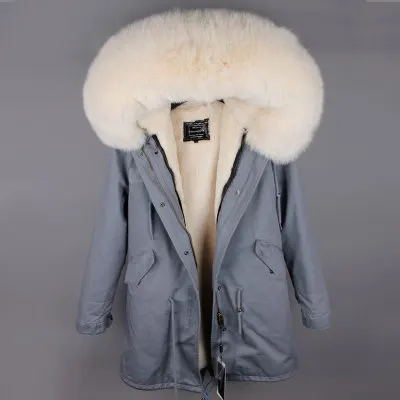 long gray beige fur Новинка, Брендовое меховое пальто, парка, зимняя куртка, пальто, женская парка, настоящий большой воротник из лисьего меха, с капюшоном, с искусственным мехом, длинная верхняя одежда - Цвет: long gray beige fur
