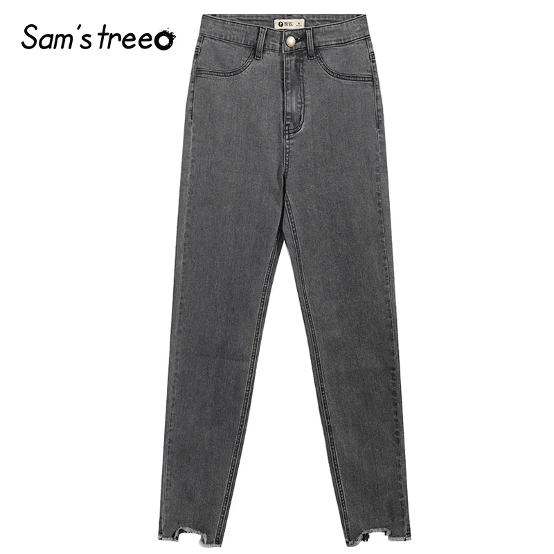 Samstree/однотонные женские джинсы, осень, модные потертые джинсовые узкие брюки, Уличная Повседневная Средняя талия, женские брюки длиной до щиколотки