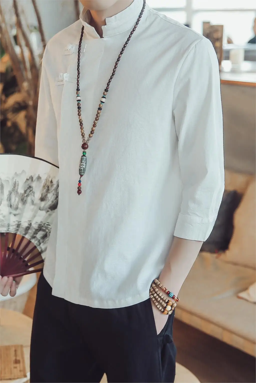 

Spring summer Chinese style Linen Shirts Men Casual Breathable White Navy Soft Three Quarter Shirt Camisa masculina hot sale