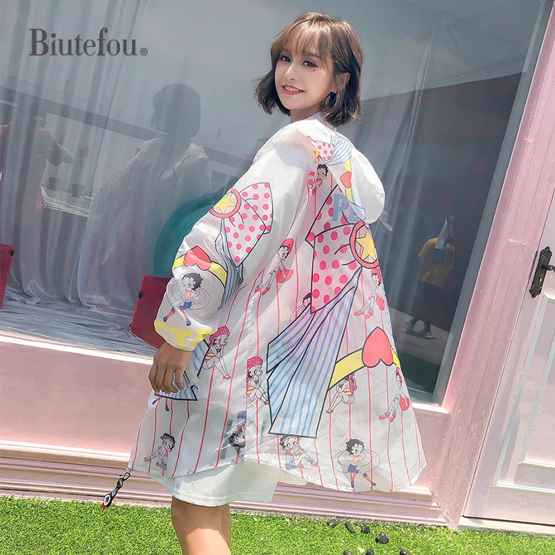 

2021 Summer Women Long Cartoon Print Loose Hooded Thin Sunscreen Coats