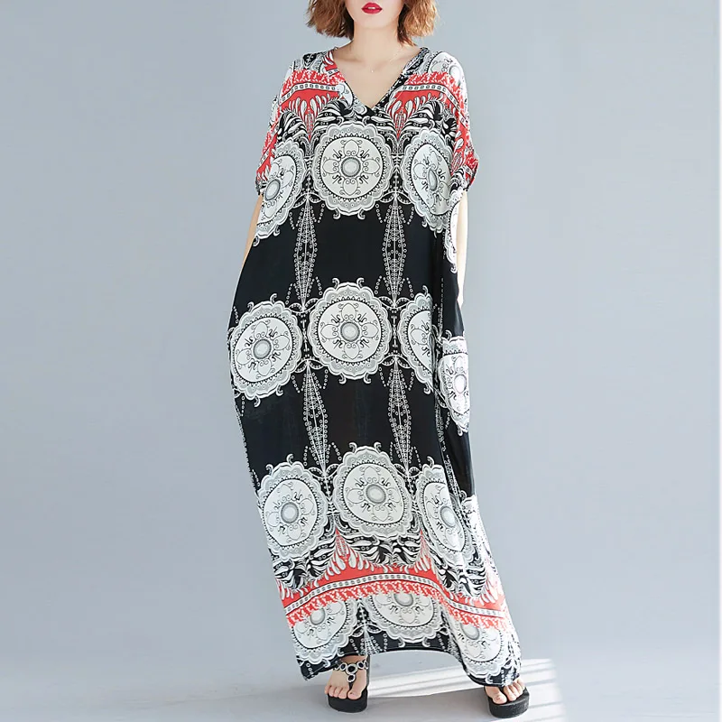 Платья для женщин размера плюс, в стиле бохо, 4XL, 5XL, 6XL, летний сарафан, большой размер, винтажное Хлопковое платье макси, женское платье, рукав летучая мышь, Vestido - Цвет: Многоцветный