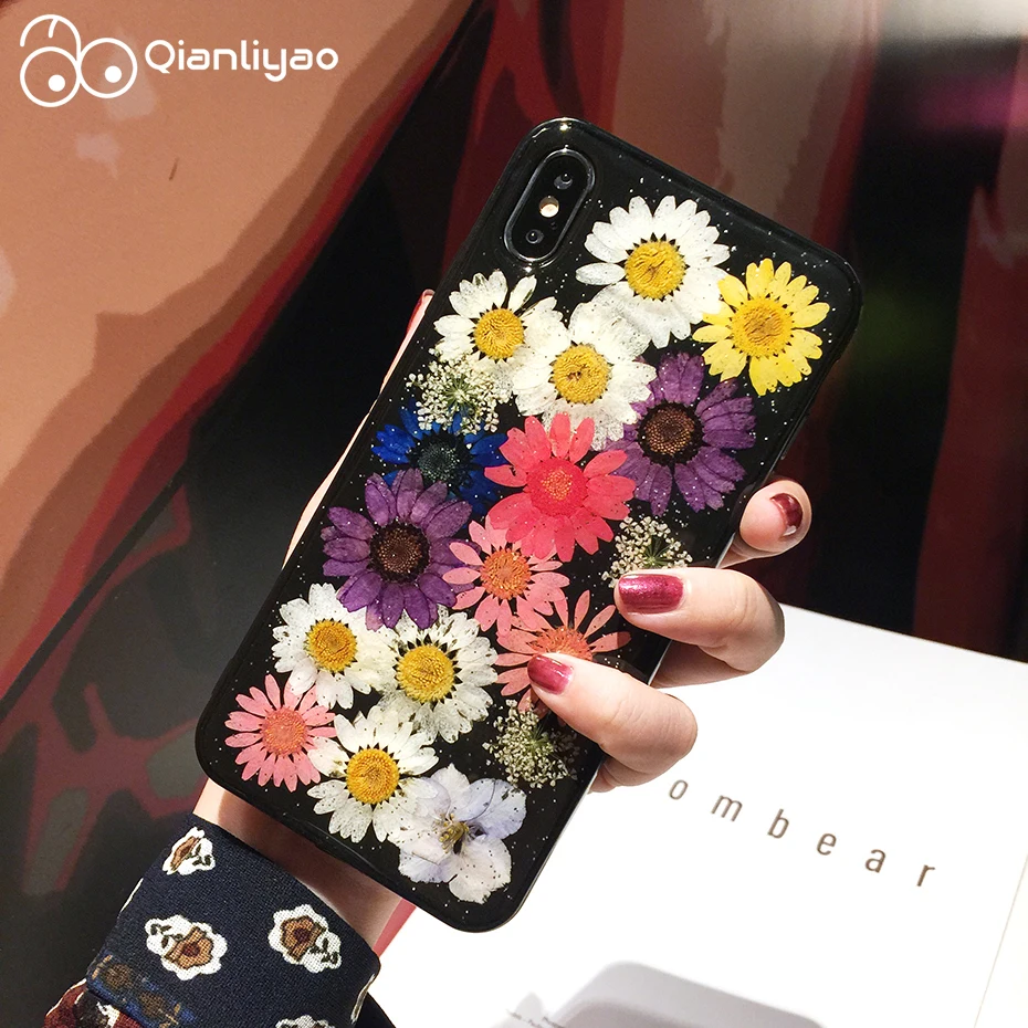 

Qianliyao Handmade Glitter Real Dried Flower Case For iPhone X XR XS Max 6 6s 7 8 plus 11 Pro Max Se Case Soft TPU Phone Cover