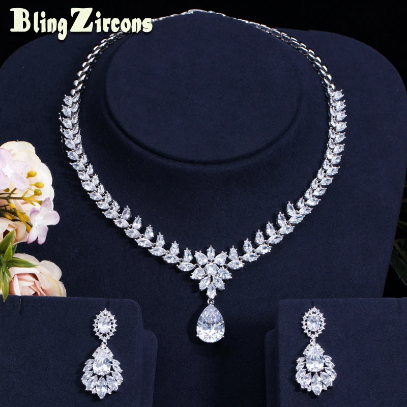 BeaQueen High Quality Cubic Zirconia Stone Wedding Jewellery Water Drop Bridal Earrings Necklace Sets for Women JS125|Ювелирные наборы