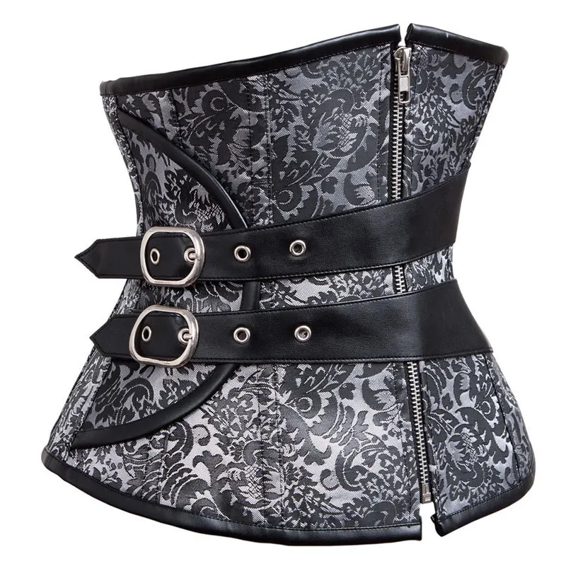 Серебряная парча черный кожаный ремень со стальными косточками корсет под