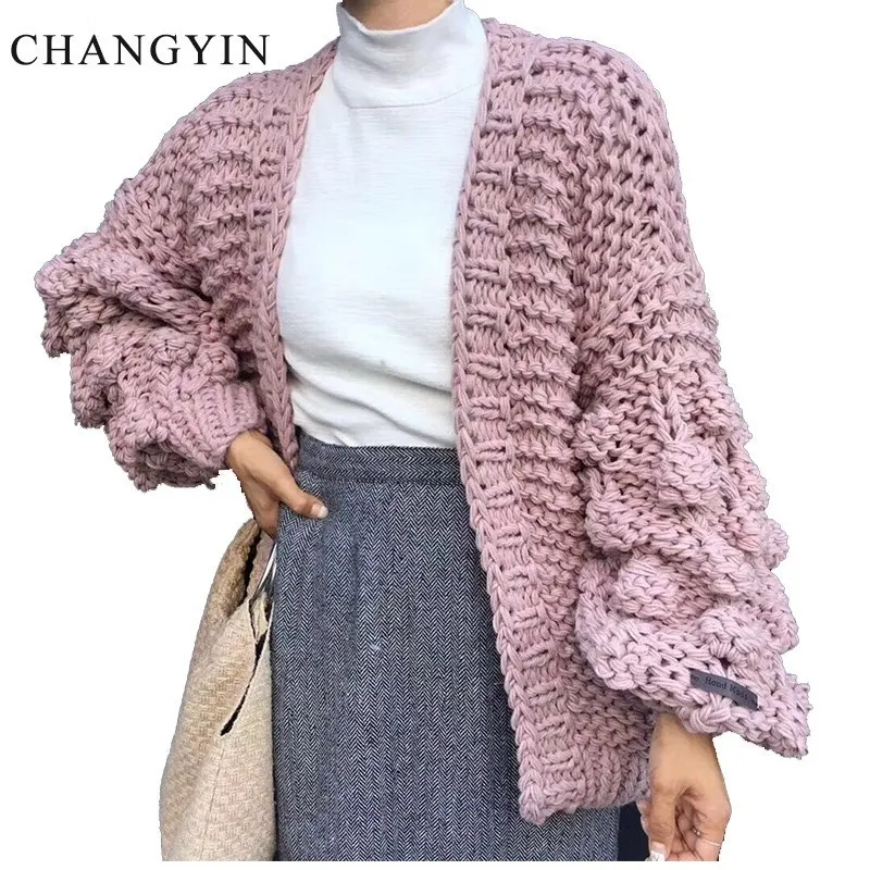 ChangYin Hollow Sweater Cardigan For Women Autumn Long Sleeve Knitted Loose Big Size Female Jumpers Open Stitch Casual Chunky |