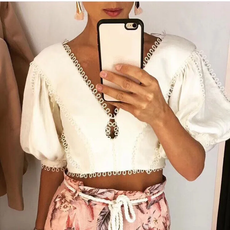 2018 Autumn High Quality Vocation Holiday Puff Sleeve 1/2 V-neck White Cotton Lace Women Blouse Top |