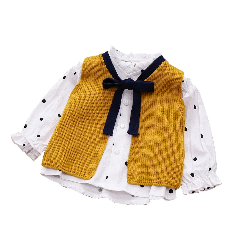 2018 Новый весна-осень для девочек хлопчатобумажная рубашка + жилет свитер