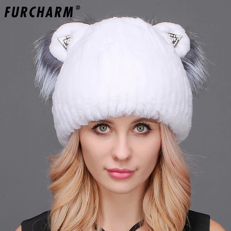 Меховая шапка Женская зимняя обувь Настоящий мех кролика шапки с милым