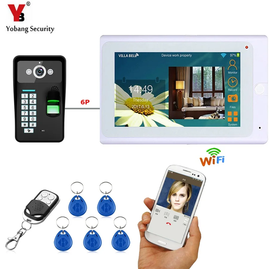 Yobang Security 7 Inch Fingerprint RFID Password IR-CUT HD Camera Wired /Wireless Wifi Colour Video Doorbell Intercom System |