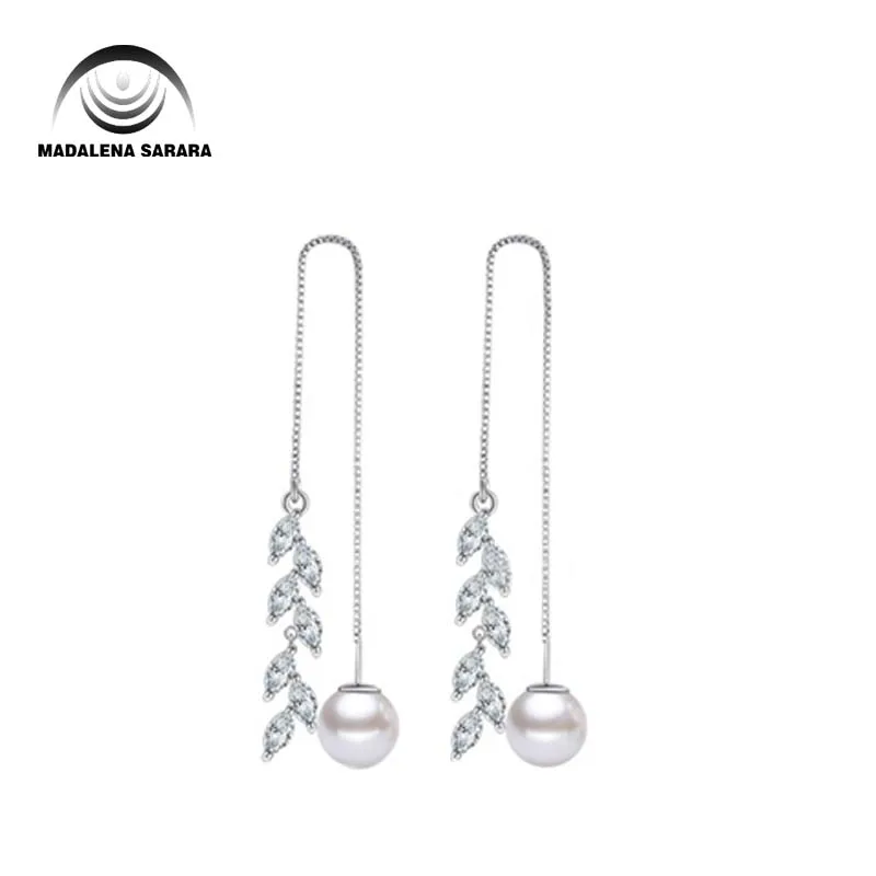 

MADALENA SARARA AAAA Cubic Zirconia Inlaid 925 Sterling Silver and 8-9mm AAA Freshwater Pearl Dangle Earrings Natural White