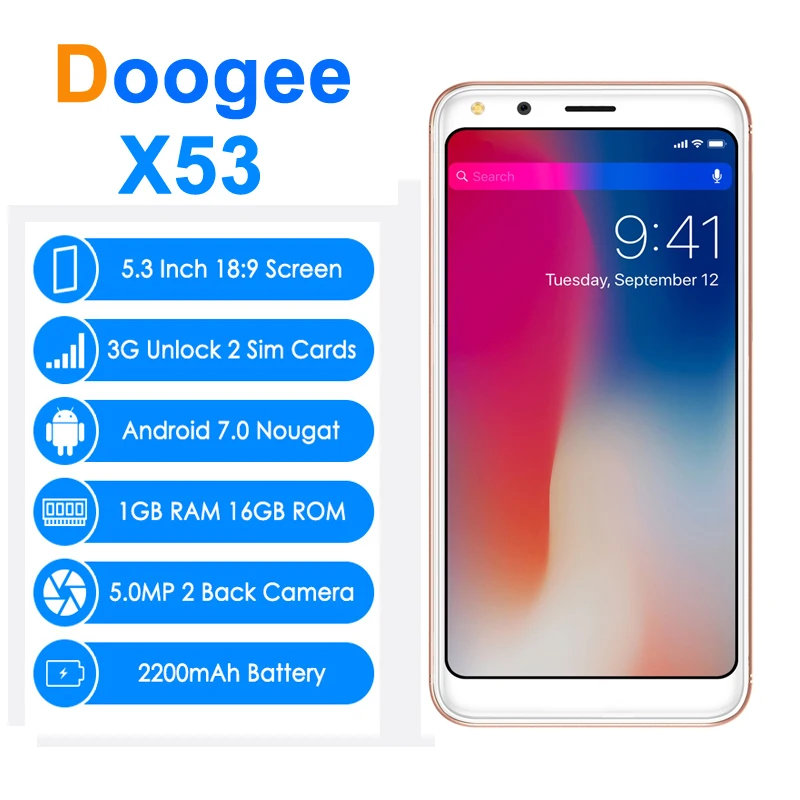 DOOGEE X53 1 Гб оперативной памяти 16 встроенной 5 3 &quotсмартфон Android 7 0 MT6580M 4 ядра + Мп