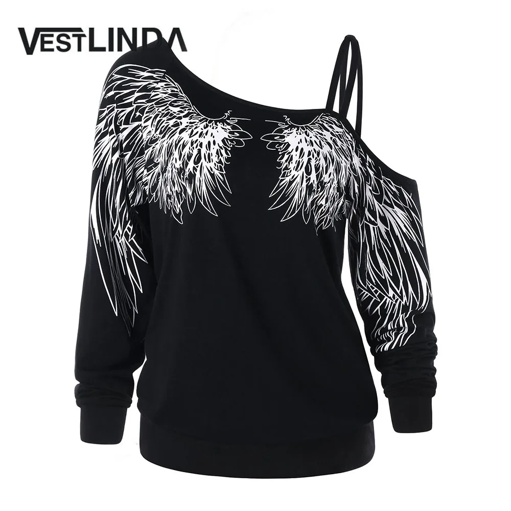 VESTLINDA на одно плечо с принтом крыла длинным рукавом топ Женская Повседневная