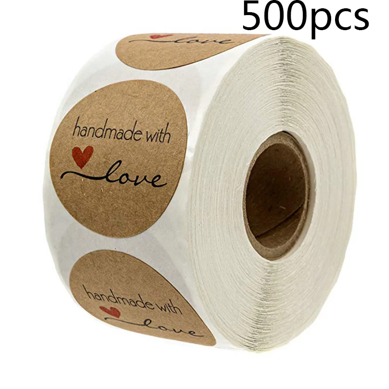 1 рулон 500 наклеек Мультяшные круглые рулоны с принтом Handmad With Love крафт-бумага