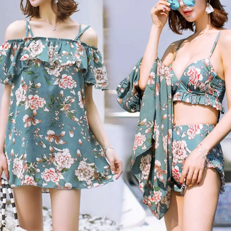 LELINTA Woman Swimsuits Swimwear High Waist Bathing Suit Retro Mint Green Floral Print Off The Shoulder Swimsuit Beachwear | Спорт и