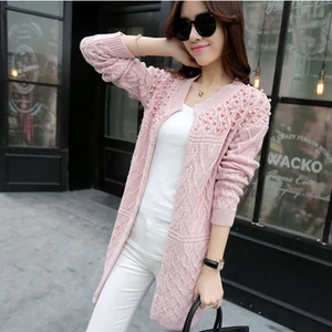 Длинный кардиган, женские свитера, зима 2018, вязаные женские джемперы с длинными рукавами и бусинами, зимняя женская зимняя одежда, свитер для женщин