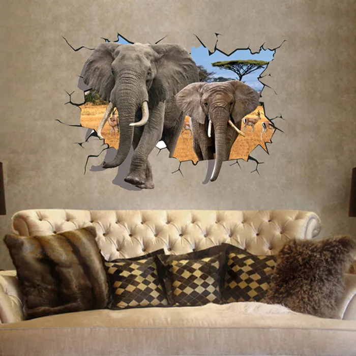 Наклейка большого размера с изображением слонов 3D эффектом на стену спальни
