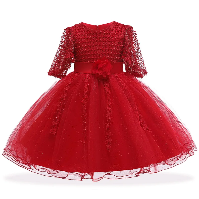 Red Vestido infantil/зимнее детское платье; платье принцессы с жемчужинами для девочек; свадебное платье с цветочным узором для девочек; Детские платья для девочек; праздничное платье - Цвет: Red