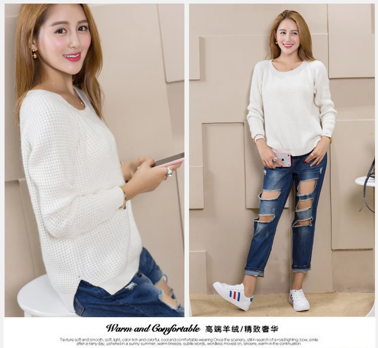 2018 New Winter Women's Round Neck Cashmere Sweater Pullover Split Female Wild Knitted Sweaters Fashion Wool | Женская одежда