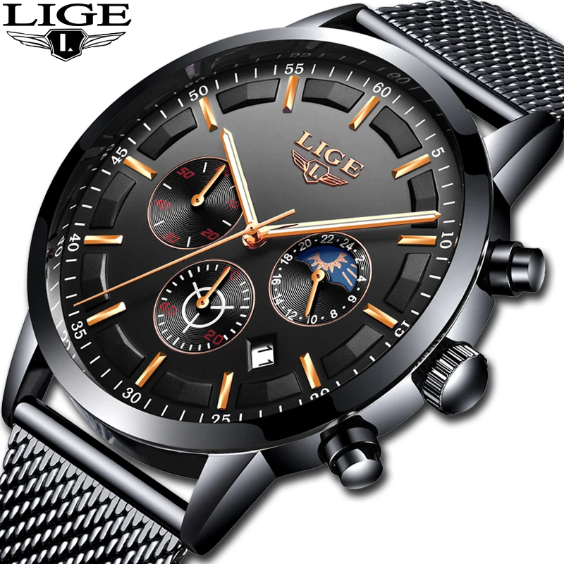 Relogio LIGE Mens Watches Top Brand Luxury Casual Quartz Wristwatch Men Fashion Stainless Steel Waterproof Sport Chronograph+Box 2020 lige watches mens top brand luxury sport quartz chronograph stainless steel men watch fashion waterproof clock reloj hombre