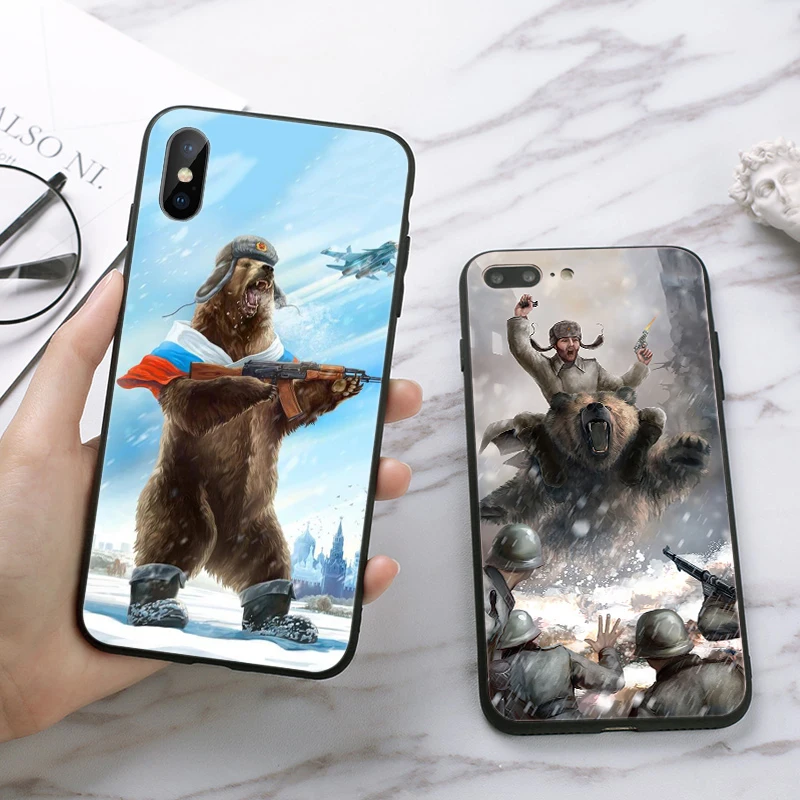Силиконовый чехол с изображением российского чёрного медведя для iPhone 5 5S 6 6S Plus 7 8