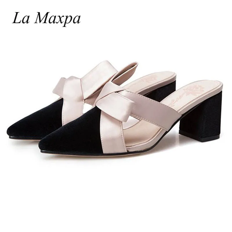 black slippers La maxPa/Женская обувь; Шлёпанцы на высоком каблуке 6 см; толстый каблук; острый носок; элегантные туфли без задника с бантиком-бабочкой и вырезами; Размеры 35-39 - Цвет: black slippers