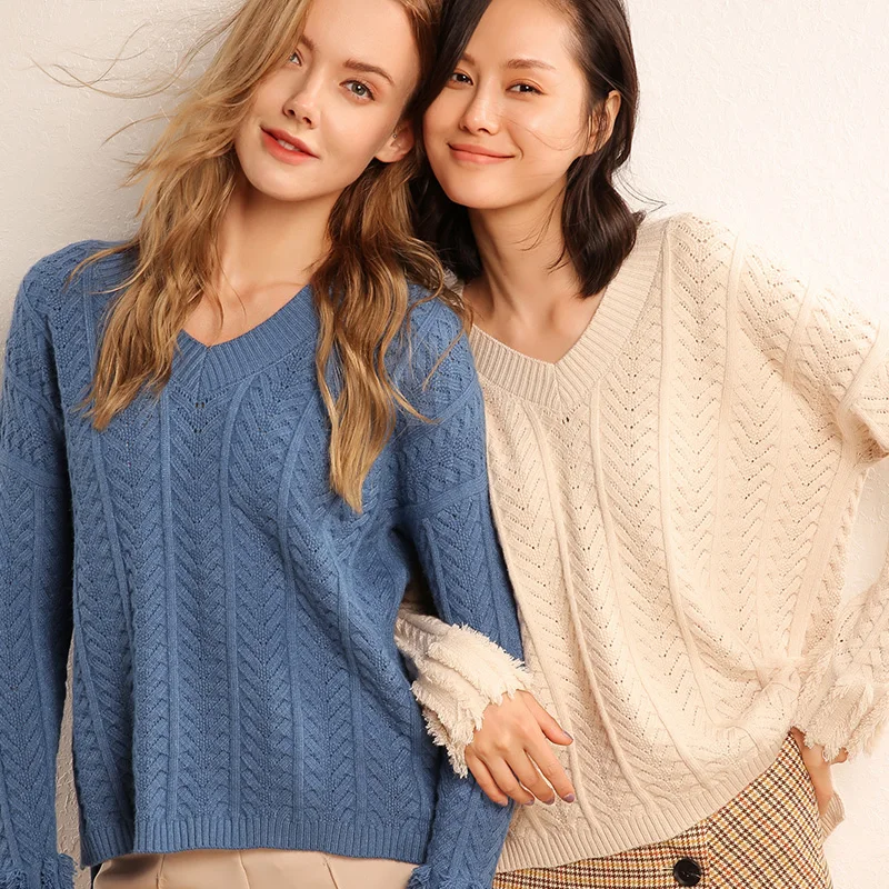 HZYRMY Autumn New High Quality Women's Wool Knit Pullover Large size V-neck Winter Solid Warm Wild Shirt Short Female Sweater | Женская