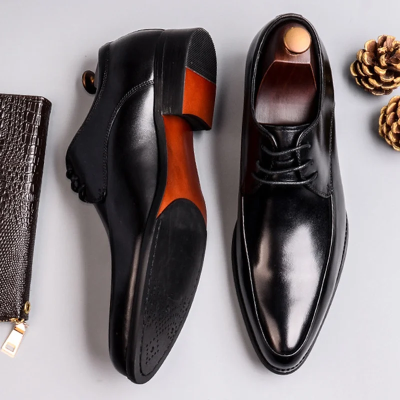 Classic Man Formal Dress Derby Office Shoes Genuine Leather Handmade Wedding Party Flats Pointed Toe Men's Basic Footwear SS367 | Обувь