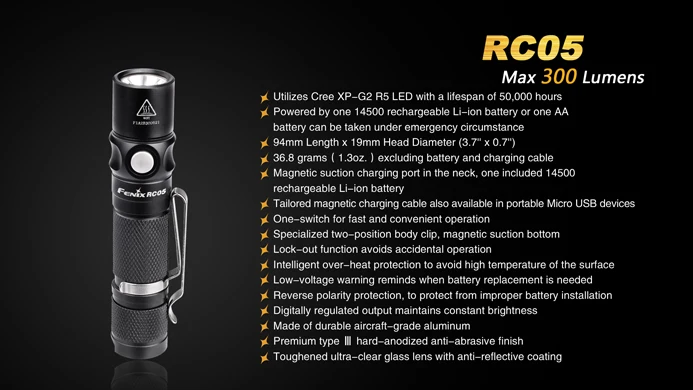 Fenix RC05 EDC светодиодный фонарь с магнитной и Micro USB зарядкой AA фонарик литий ионной