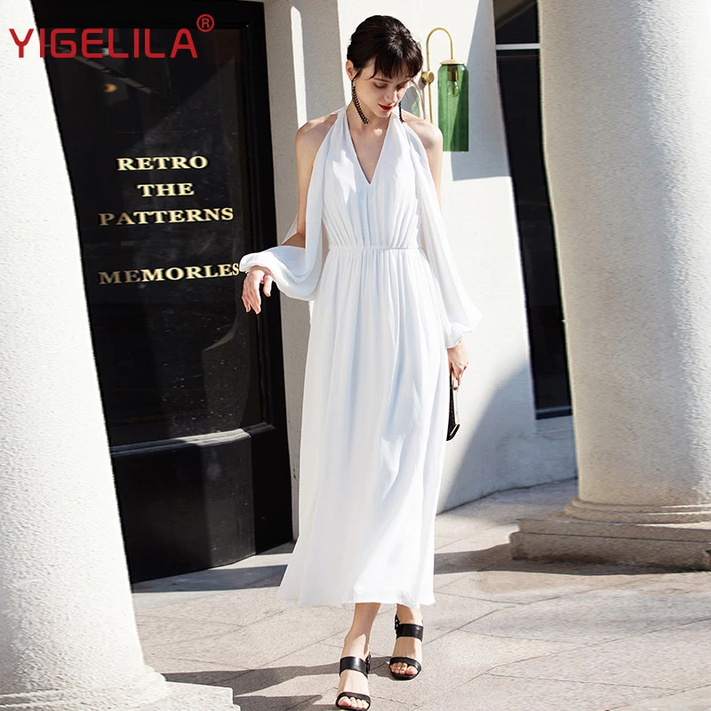 

YIGELILA Latest Spring Fashion Women High Street A-Line Solid Knee-Length Lantern Sleeve Empire Slim Stand-Neck Dress 64337